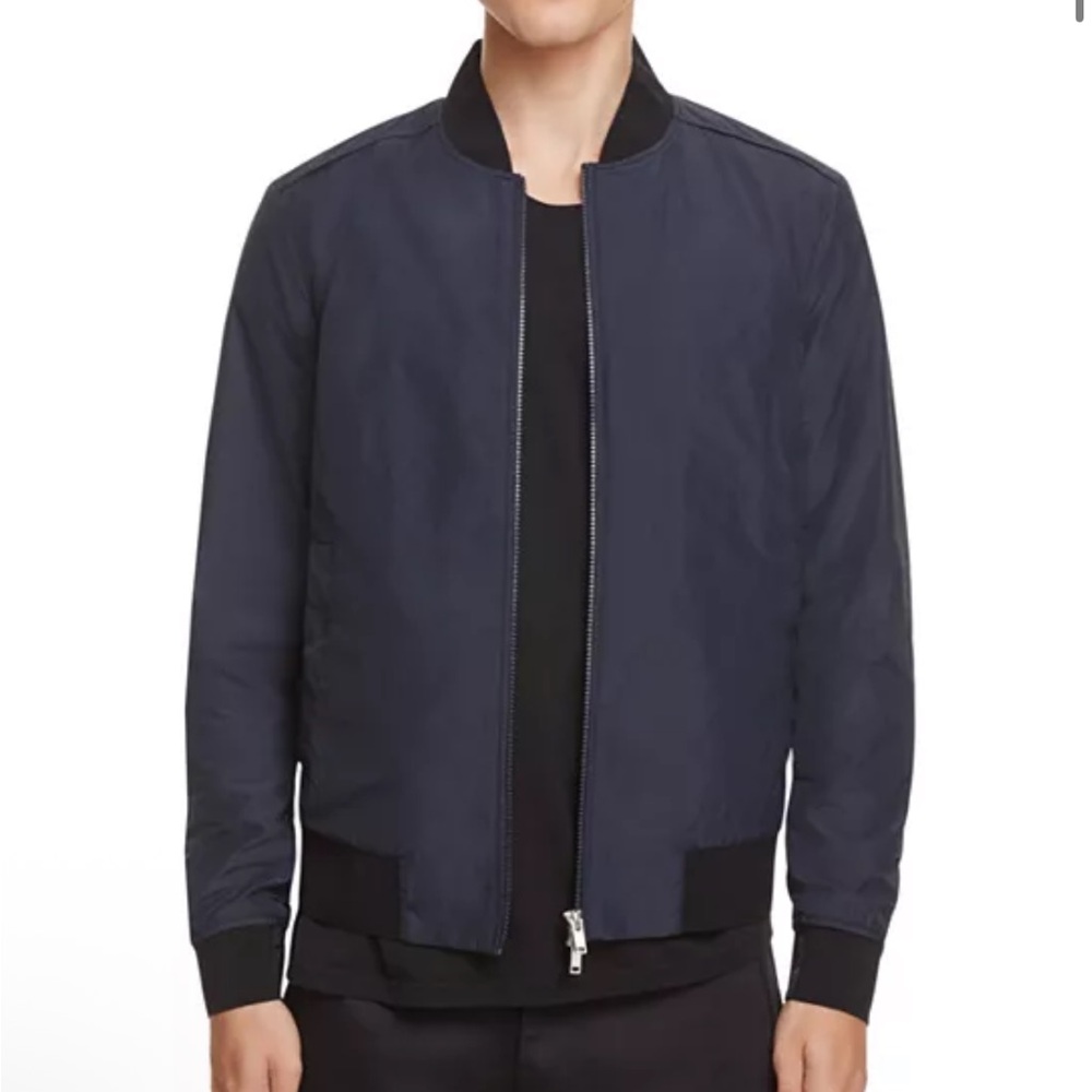 Theory Brant Lamb Pebble Leather Jacket Navy Blue Bomber Mens Sz S